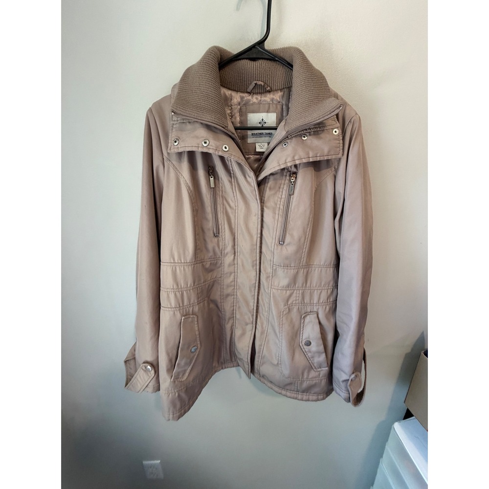 Weather‎ Tamer Womens Taupe Utility Jacket Ribbed Collar Quilted Lining Large